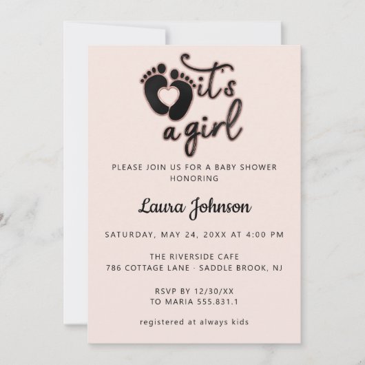 女の子の足写真新生児シャワーバラ足 招待状 (正面)