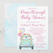 女の子の車のドライブスルー ベビーシャワー 招待状 (正面/裏面)