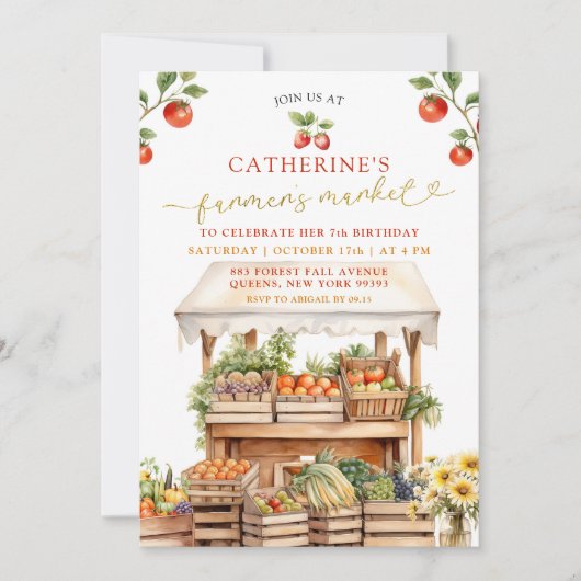 女の子の農場のマーケット 秋 誕生日 すべての年齢 招待状 (正面)