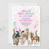女の子の農場の動物たちによるバースデーバッシュ風船の誕生日 招待状 (正面)