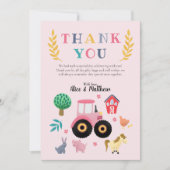 女の子の農場の動物たち ピンクのトラクターの子供の誕生日 サンキューカード (正面)