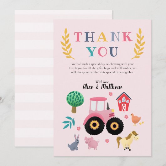 女の子の農場の動物たち ピンクのトラクター 子供の誕生日 サンキューカード (正面/裏面)