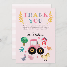 女の子の農場の動物 ピンクのトラクターの子供の誕生日 サンキューカード
