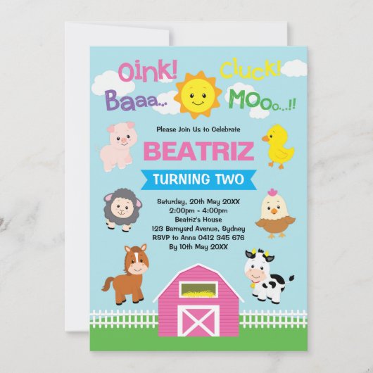 女の子の農場の納屋周囲の庭動物のピンクの誕生会 招待状 (正面)