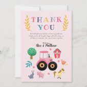 女の子の農場 動物 ピンクのトラクター 子供の誕生日 サンキューカード (正面)