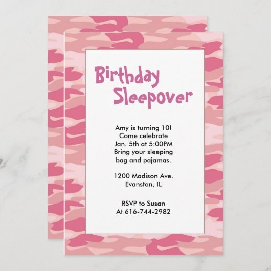 女の子の迷彩柄のピンクの誕生日のSleepoverの招待状 招待状 (正面/裏面)