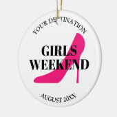 女の子の週末の旅カスタム行はピンクのスティレット セラミックオーナメント (左)