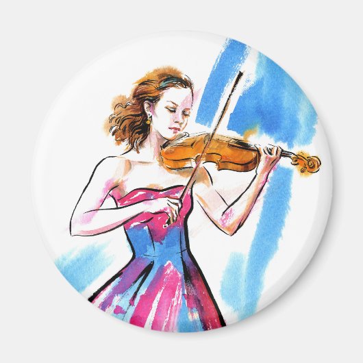 女の子の遊バイオリンWatercolorバイオリニスト音楽 マグネット (正面)
