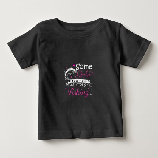 女の子の遊人形を持つ女の子の一部の女の実在子の魚釣り ベビーTシャツ (正面)