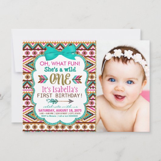 女の子の部族の最初の1歳の誕生日パーティー 招待状 (正面)