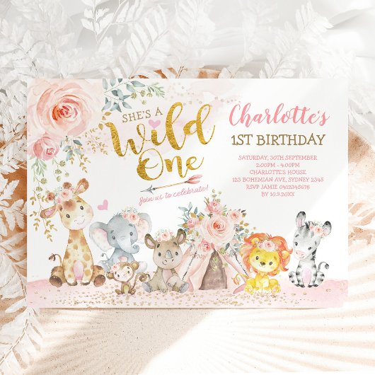 女の子の部族ジャングル動物ワイルドワンの誕生日 招待状