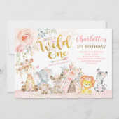 女の子の部族ジャングル動物ワイルドワンの誕生日 招待状 (正面)