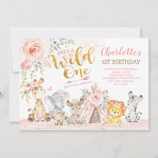 女の子の部族ジャングル動物ワイルドワンの誕生日 招待状 (正面)