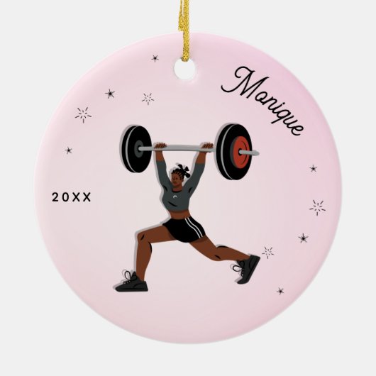 女の子の重量挙げワーキングアウト名&年ピンク セラミックオーナメント (裏面)