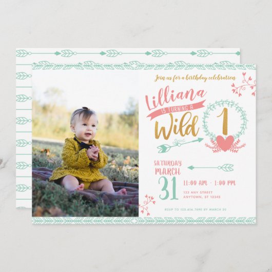 女の子の野生の1種族の写真の最初誕生日の招待 招待状 (正面/裏面)