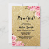 女の子の金ゴールドグリッターフローラ 招待状 (正面)