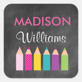 女の子の鉛筆カラフルの新学期シール スクエアシール