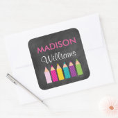女の子の鉛筆カラフルの新学期シール スクエアシール (封筒)