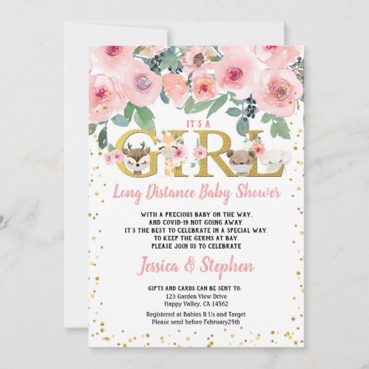 女の子の長距離赤ちゃんシャワーウッドランド 招待状 (正面)