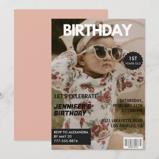 女の子の雑誌の表紙の1歳の誕生日招待状 招待状 (正面/裏面)