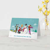 女の子の雪だるまクリスマスカード カード (黄色い花)