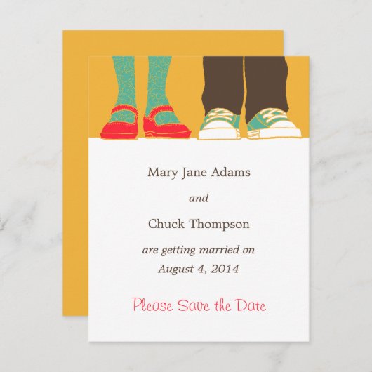 女の子の靴とスニーカーが描かれたウェディングイエロー セーブザデート (正面/裏面)