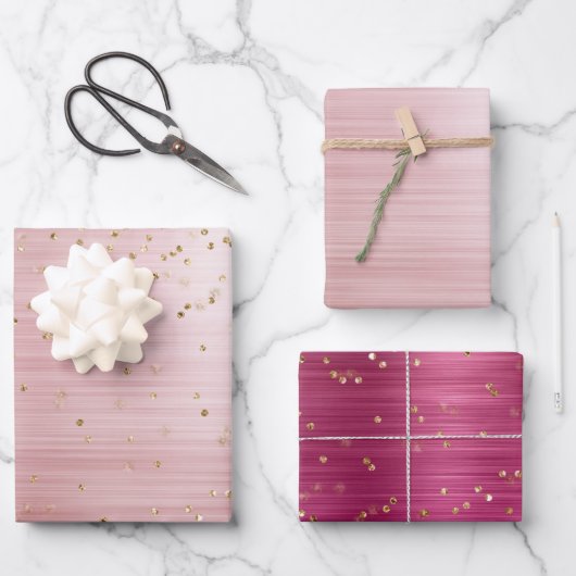 女の子の頬染めピンク グラム ゴールドスパークル コンフェッティ ラッピングペーパーシート (正面)