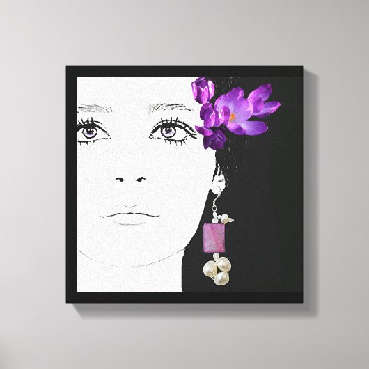 女の子の顔かわいらしパープルクロカスフローラファッションアート キャンバスプリント (正面)