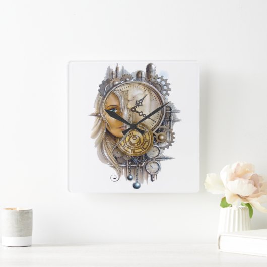 女の子の顔のはめば歯車の鎖の鉄の球のホールの装飾 スクエア壁時計 (ホーム)