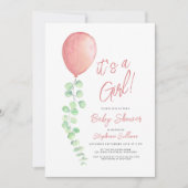 女の子の風船 ユーカリ グリーン 赤ちゃん歓迎会 招待状 (正面)