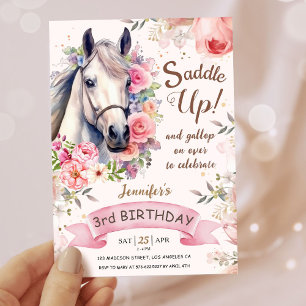 女の子の馬のお誕生日会 3歳 お花が咲く サドルアップ! 招待状