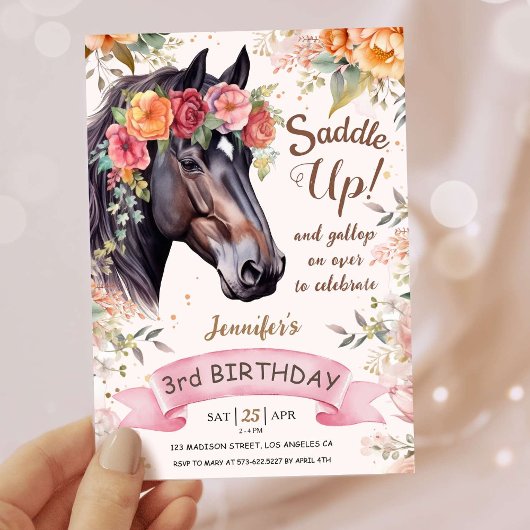 女の子の馬のお誕生日 3歳 ピンクのカウガール サドルアップ 招待状