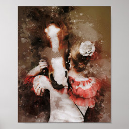 女の子の馬の美しい絵を描水色 ポスター