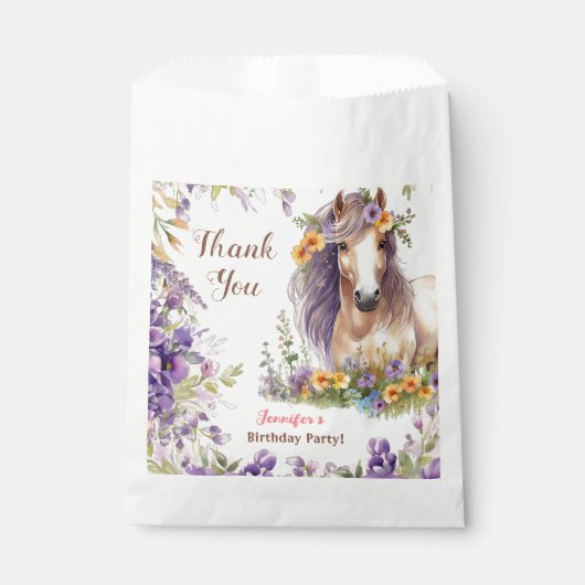 女の子の馬の誕生日パーティパープルフローラ フェイバーバッグ (正面)