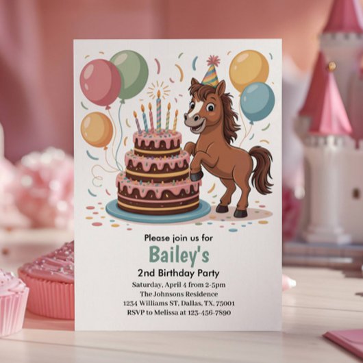 女の子の馬の2歳の誕生日パーティー 招待状