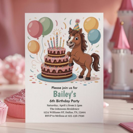 女の子の馬の6歳の誕生日パーティー 招待状