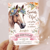 女の子の馬2nd誕生日ピンクのフローラサドルアップ 招待状