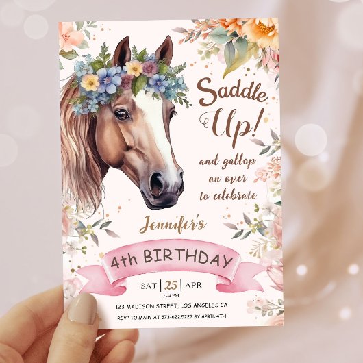 女の子の馬4thバースデーピンクフローラサドルアップ 招待状