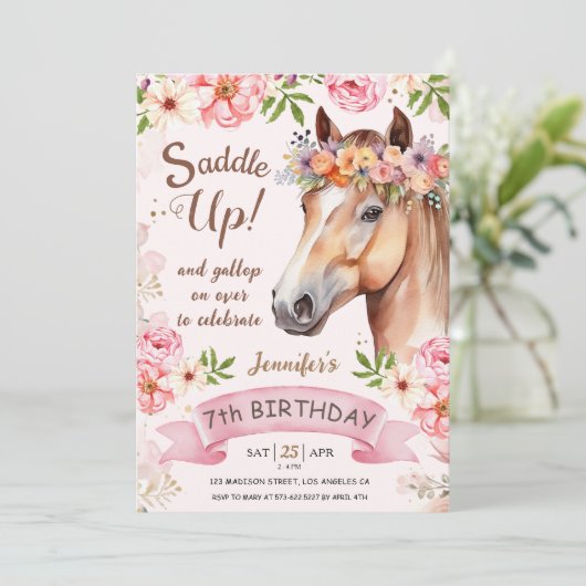 女の子の馬7番目の誕生日フローラサドルアップ！ 招待状 (スタンド正面)