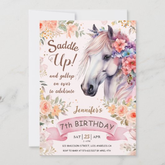 女の子の馬7誕生日ピンクの花サドルアップ! 招待状 (正面)