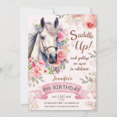 女の子の馬8誕生日開花花サドルアップ！ 招待状 (正面)