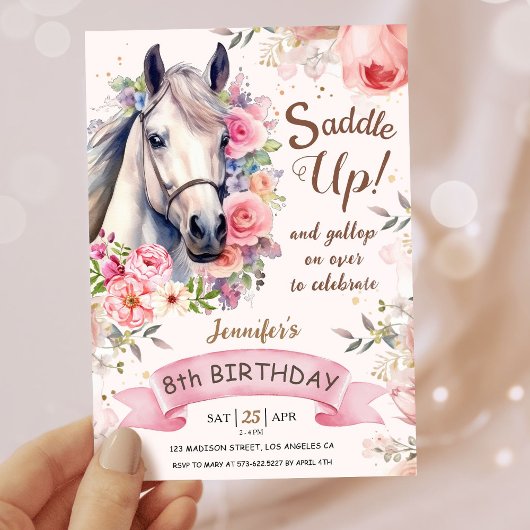 女の子の馬8誕生日開花花サドルアップ！ 招待状