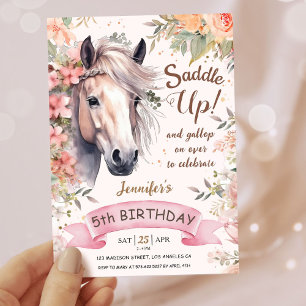 女の子の馬 5歳の誕生日 フラワーワイルド サドルアップ 招待状