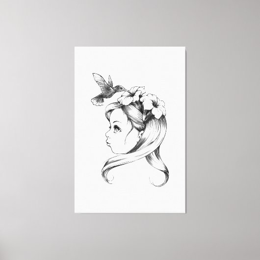 女の子の髪のペチュニア、ハチドリはネクタを飲む キャンバスプリント (正面)