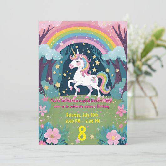 女の子の魔法のユニコーンバースデー招待状 招待状 (スタンド正面)