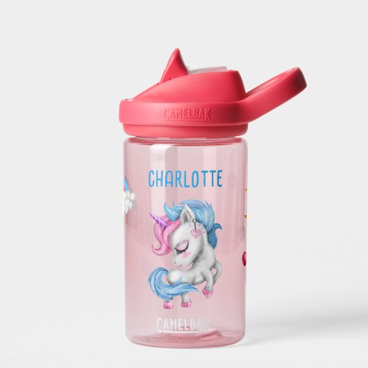 女の子の魔法のユニコーンレインボーキッズパーソナライズされた ウォーターボトル (左面)