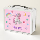 女の子の魔法のユニコーンレインボーキッズパーソナライズされた メタルランチボックス (裏面)