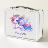 女の子の魔法のユニコーンレインボーキッズパーソナライズされた メタルランチボックス (裏面)