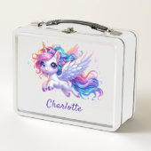 女の子の魔法のユニコーンレインボーキッズパーソナライズされた メタルランチボックス (正面)