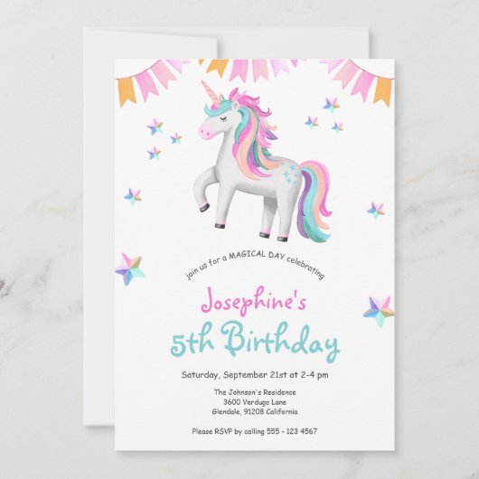 女の子の魔法のユニコーン誕生日パーティー 招待状 (正面)